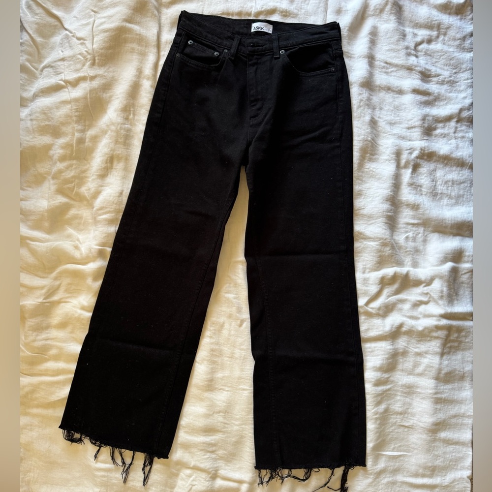 ASKK NY Slim Crop Wide Leg Black Jeans with Frayed Hem
